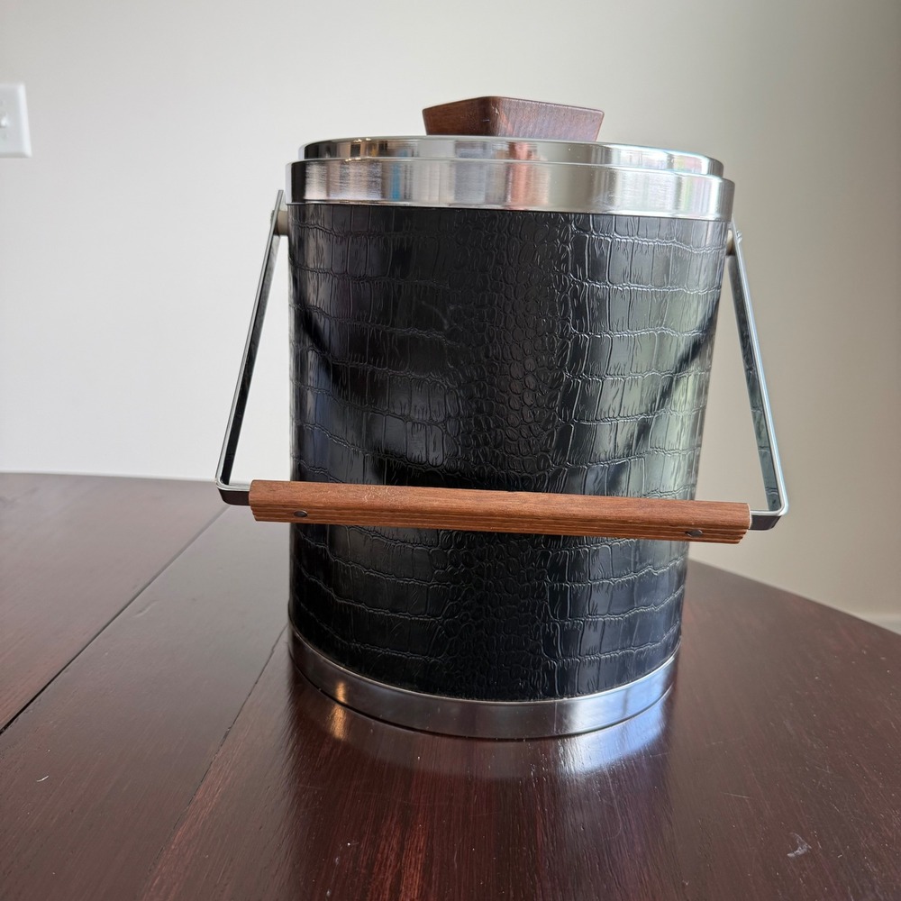 Vintage MCM Black Croc Embossed Ice Bucket Chrome Wood Handle Mid Century Modern